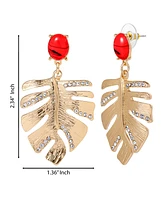 Jessica Simpson Gold-Tone Tropical Leaf Drop Earrings with Red Accents – Statement Earrings with Crystal Detailing