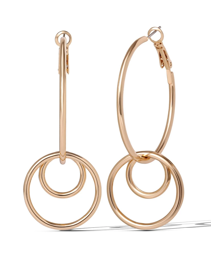 Jessica Simpson Gold-Tone Triple Ring Drop Hoop Earrings – Bold and Stylish Statement Accessory