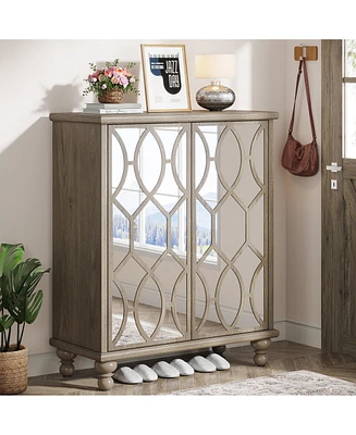 Tribesigns Mirror Shoe Cabinet,5-Tier Modern Shoe Organizer Cabinet with Doors,Freestanding 25-Pair Shoe Rack, Light Brown