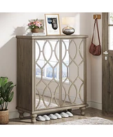 Tribesigns Mirror Shoe Cabinet,5-Tier Modern Shoe Organizer Cabinet with Doors,Freestanding 25-Pair Shoe Rack, Light Brown