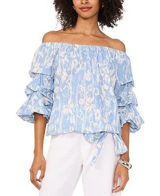 Vince Camuto Women's Printed Linen-Blend Off-The-Shoulder Bubble-Sleeve Top