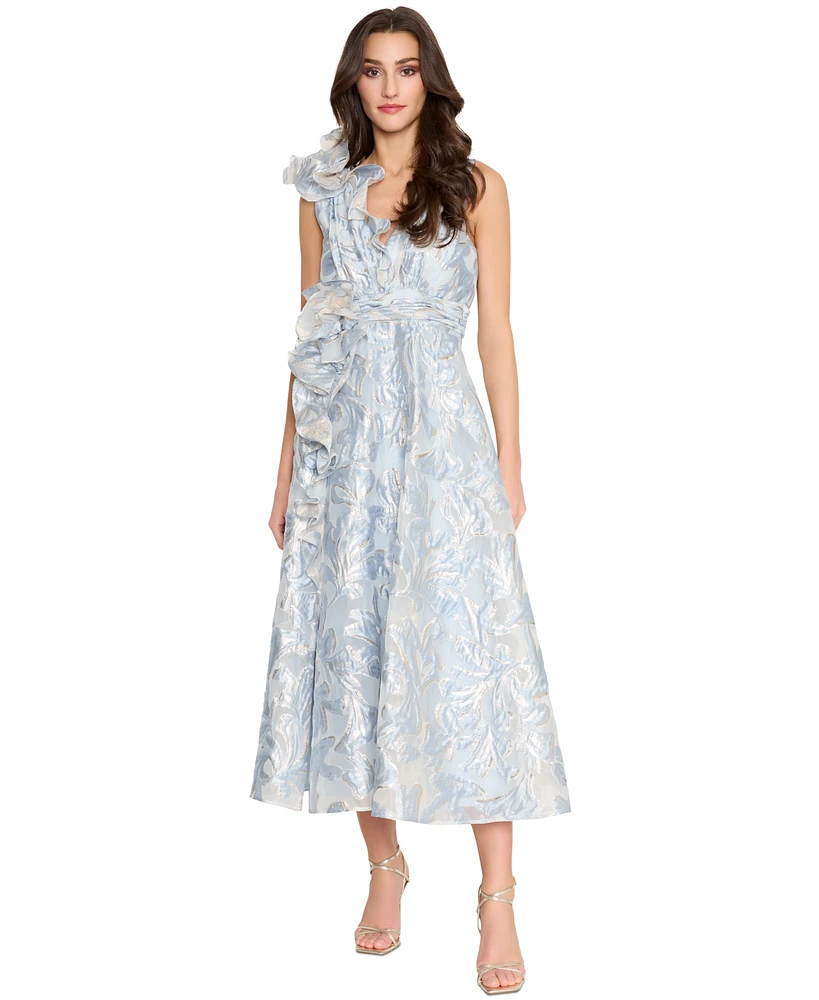 Tahari Women's V-Neck Ruffled Sleeveless Midi Dress