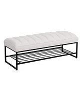 Modern Tufted Bench With Metal Shelf, Sherpa Upholstered Benches, Free Standing Shoe Organizer, End Of Bed Ottoman For Bedroom Living Room Entryway