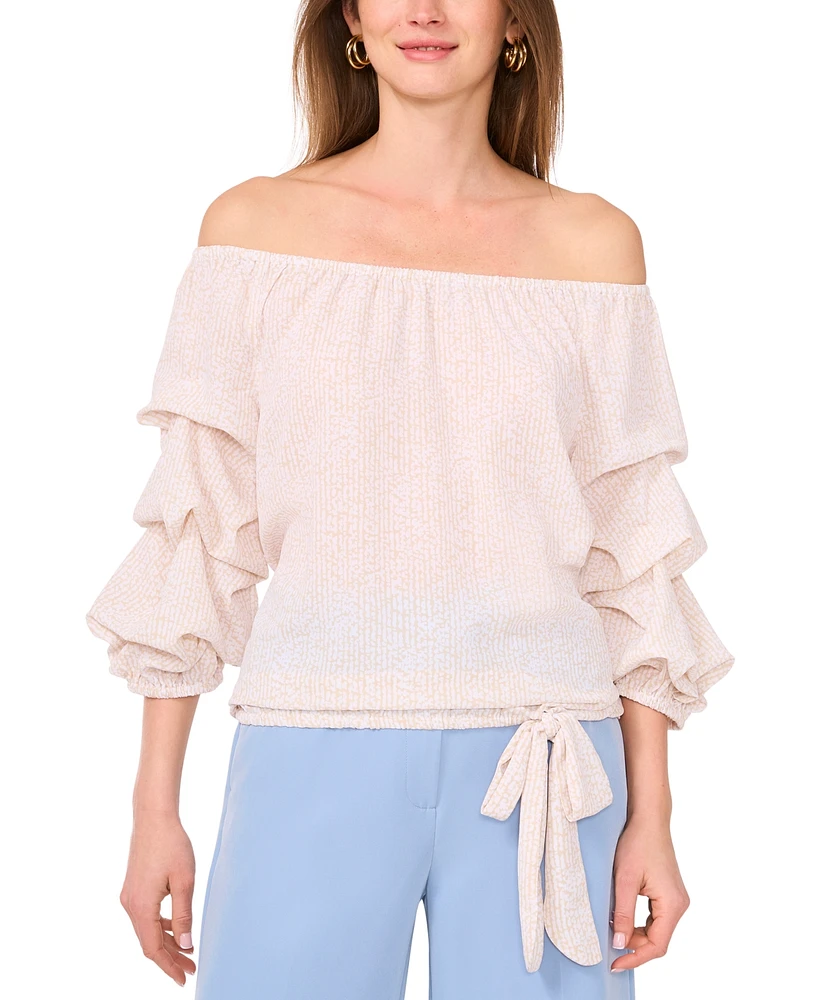 Vince Camuto Women's Sheer-Printed Off-The-Shoulder Bubble 3/4-Sleeve Tie-Front Blouse
