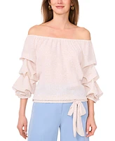Vince Camuto Women's Sheer-Printed Off-The-Shoulder Bubble 3/4-Sleeve Tie-Front Blouse