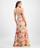 julia jordan Women's Pleated Floral Print Halter Maxi Dress
