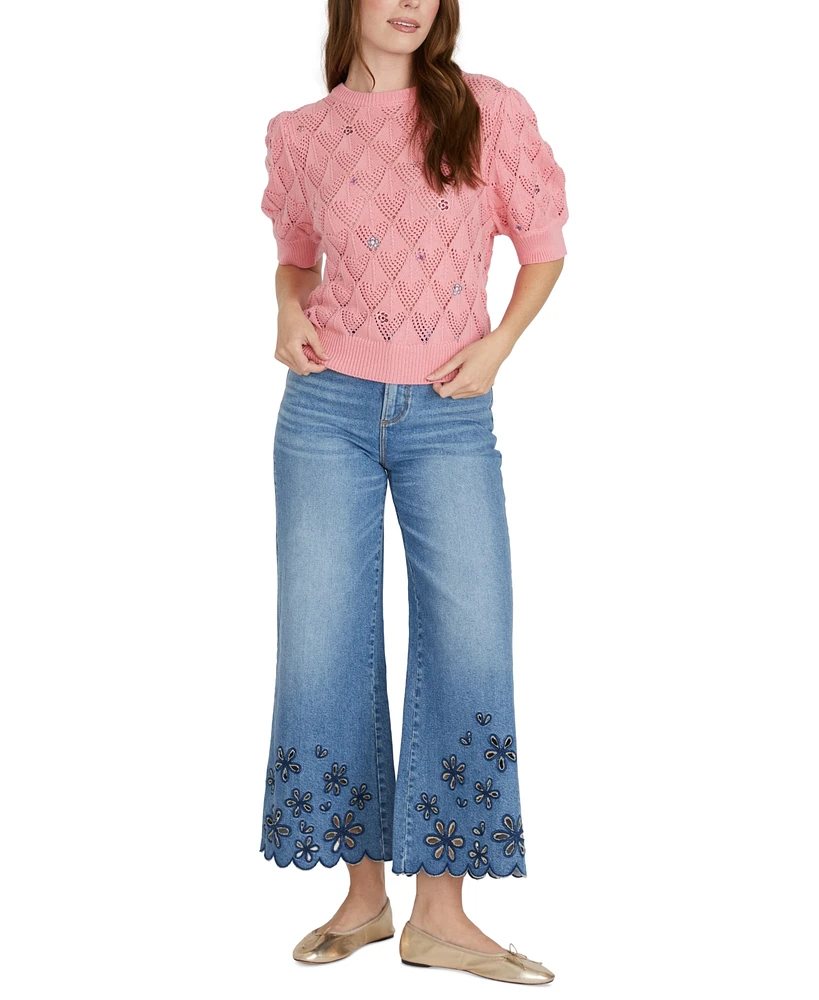 Driftwood Women's Cotton Puff-Sleeve Pointelle Sweater X Artistic Floral