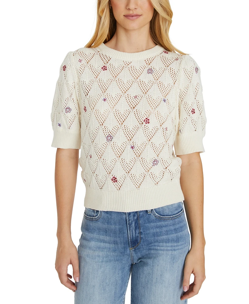 Driftwood Women's Artistic Floral Puff-Short-Sleeve Sweater