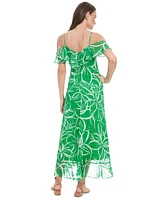 London Times Petite Printed Cold-Shoulder Maxi Dress