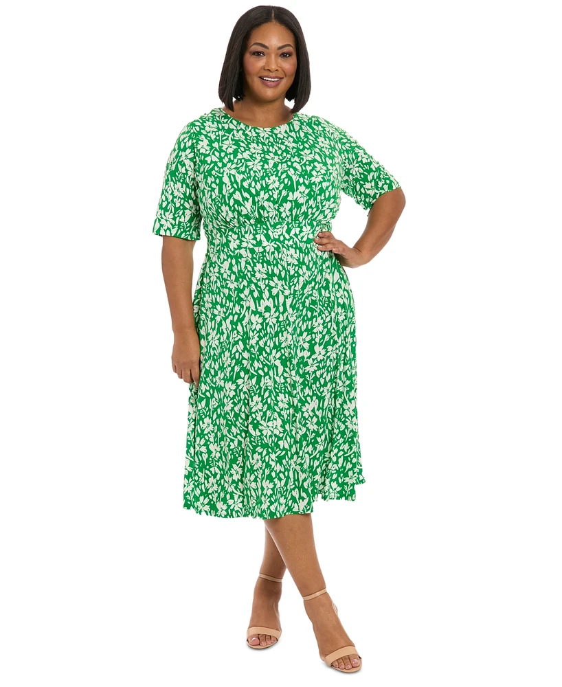 London Times Plus Floral-Print Short-Sleeve Midi Dress