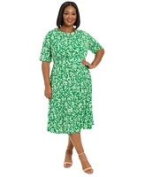 London Times Plus Floral-Print Short-Sleeve Midi Dress