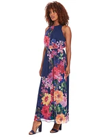London Times Petite Floral-Print Halter Maxi Dress