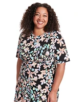 London Times Plus Jewel-Neck Short-Sleeve Dress