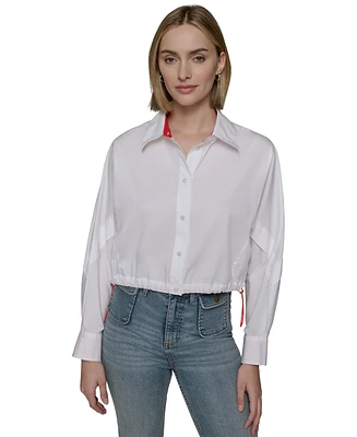 Karl Lagerfeld Paris Women's Cotton Contrast-Collar Drawcord Button-Front Top