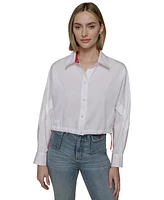 Karl Lagerfeld Paris Women's Cotton Contrast-Collar Drawcord Button-Front Top