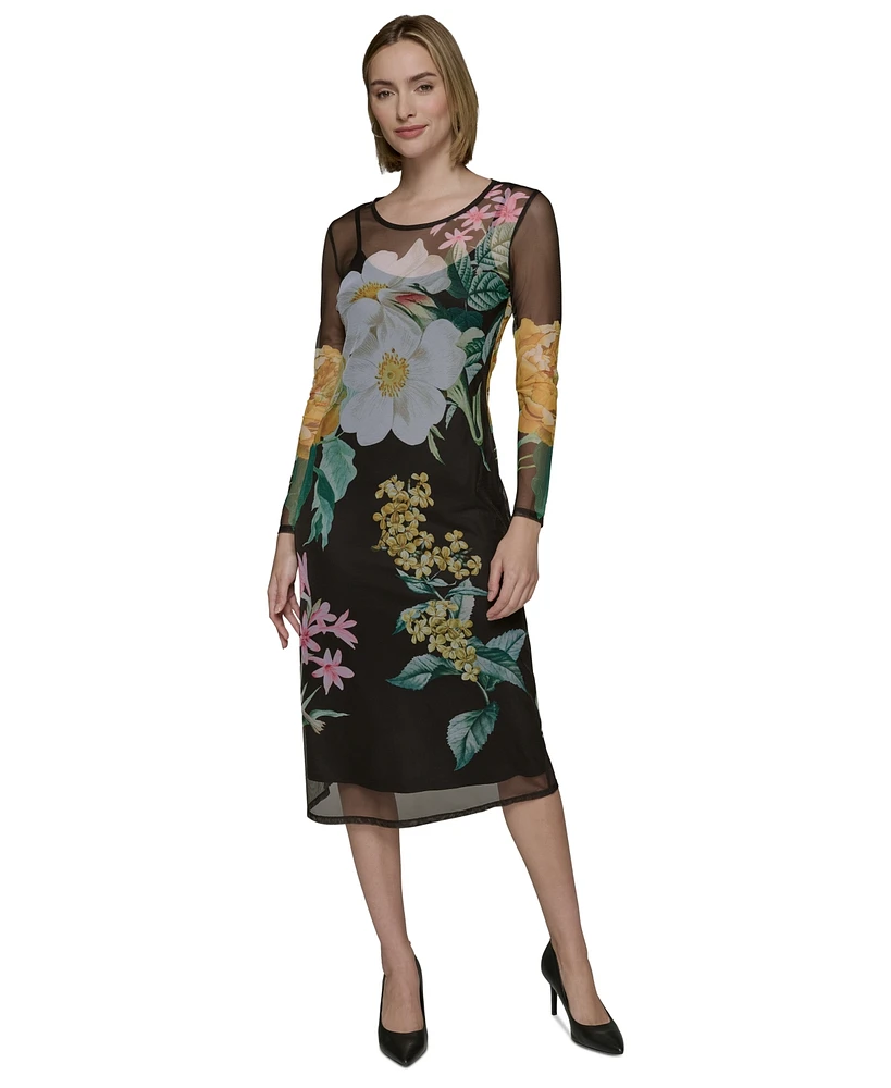 Karl Lagerfeld Paris Women's Mesh Floral-Print Long Sleeve Midi Dress