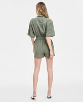 Bar Iii Women's Belted Short-Sleeve Utility Romper, Created for Macy's
