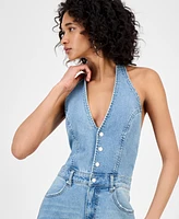 Bariii Women's Denim Halter Cargo-Pocket Jumpsuit
