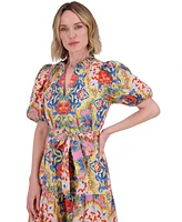 Vince Camuto Women's Printed Cotton Ruffle-Neck Tie-Waist Dress