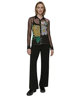 Karl Lagerfeld Paris Women's Sheer Floral Knit Button-Front Top