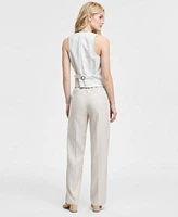 Jones New York Womens Striped Button Front Vest Wide Leg Pants