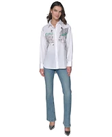 Karl Lagerfeld Paris Women's Cotton Scene Embellished Button-Front Top