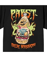 Pabst Blue Ribbon Halloween Beer Bottle Monster Crew Neck Short Sleeve Men's Black T-shirt-3XL