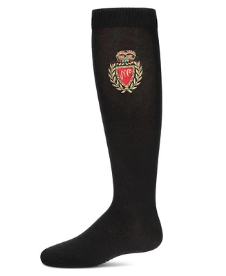 Girls' Embroidered Crest Cotton Knee High Socks