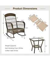 3 Pieces Outdoor Hand-Woven Pe Rattan Conversation Set with Tempered Glass Side Table