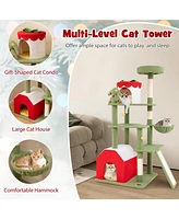 Cute Christmas Cat Tree with Scratching Posts & 2 Condos Festive Multi-Level Playhouse for Cats