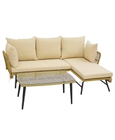 3 Pieces L-Shaped Patio Sofa with Cushions and Tempered Glass Table