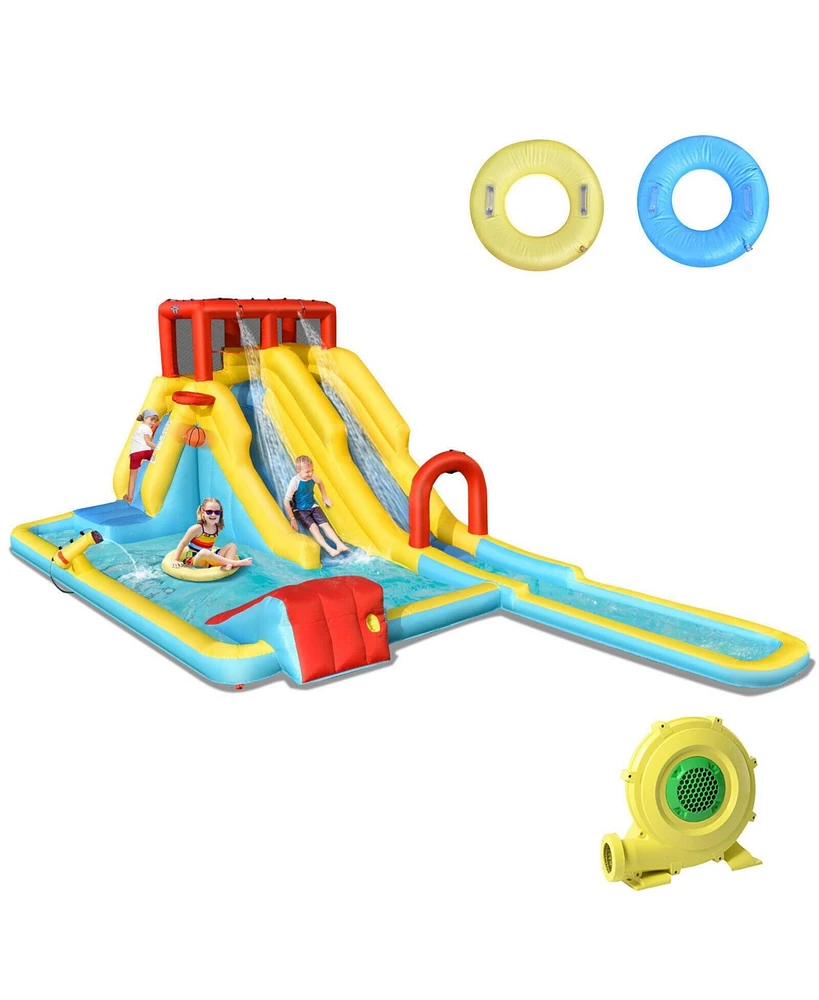 Dual Slide Inflatable Water Park with Climbing Wall & Bouncer Fun Outdoor Playset for Kids