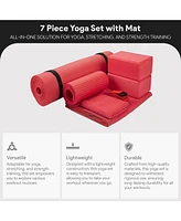 BalanceFrom 7 Piece Yoga Set, with Mat & Towel, Home Workout Equipment, Red