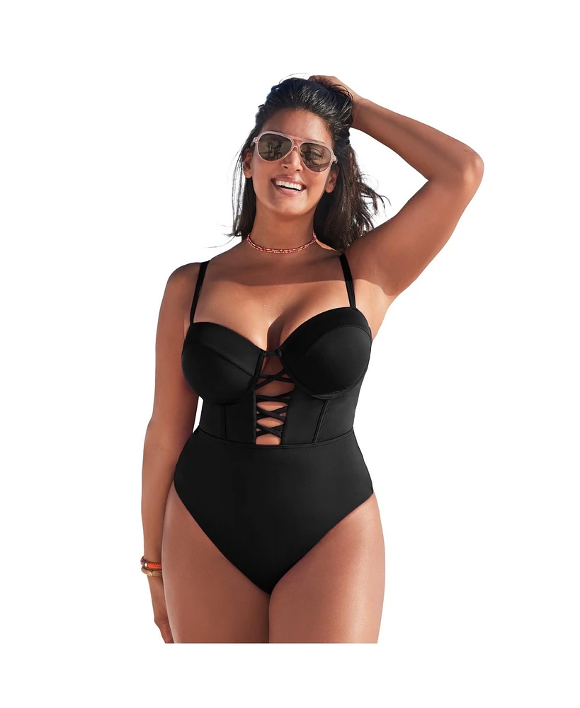 Swimsuits for All Plus Underwire Lace Up One Piece Swimsuit