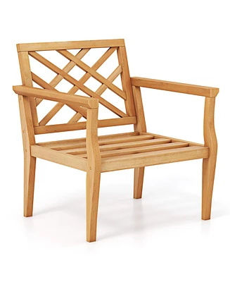 Teak Wood Slatted Patio Chair Armchair with Cozy Backrest and Armrests