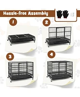 38 Inch Foldable Heavy-Duty Metal Dog Cage with Lockable Rolling Casters and Tray