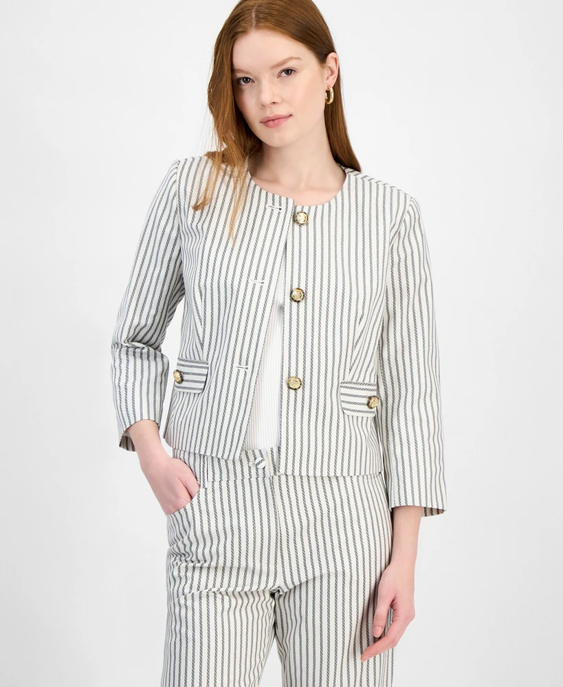 T Tahari Women's Cotton Button-Front Cropped Jacket