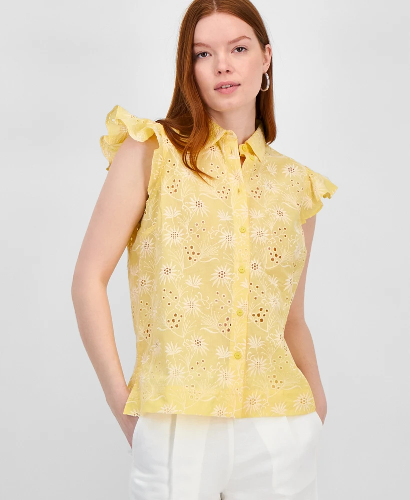 T Tahari Women's Cotton Eyelet Flutter-Sleeve Top