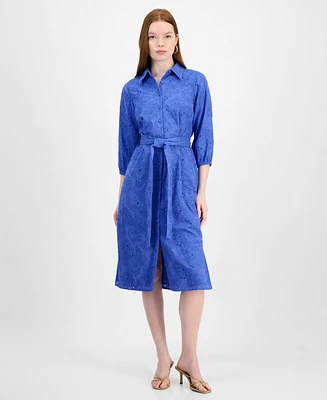 T Tahari Women's Embroidered Eyelet Belted Shirtdress