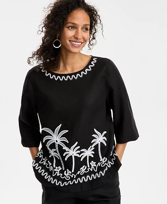 Charter Club Petite 100% Linen Embroidered 3/4-Sleeve Top, Exclusively at Macy's