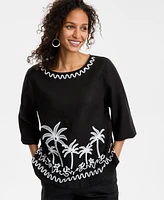 Charter Club Petite 100% Linen Embroidered 3/4-Sleeve Top, Exclusively at Macy's
