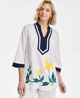 Charter Club Women's Embroidered 3/4-Sleeve 100% Linen Tunic Top, Exclusively at Macy's