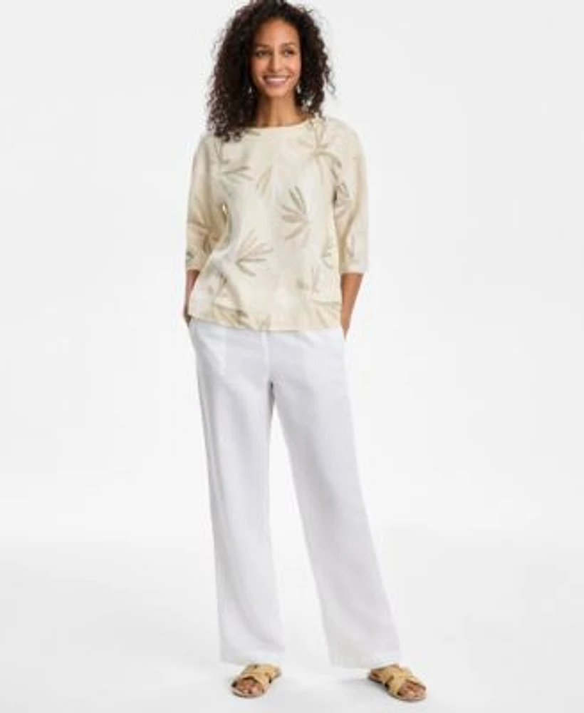 Charter Club Womens Palm Print 100 Linen Top 100 Linen Drawstring Pants Exclusively At Macys