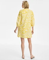 Charter Club Women's Floral-Print Bhavana 3/4-Sleeve 100% Linen Pintuck Dress, Exclusively at Macy's