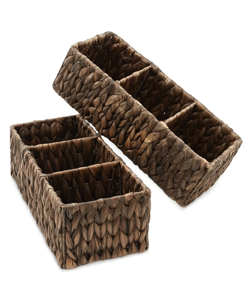 Casafield Set of 2 Water Hyacinth Storage Baskets with 3 Sections, Espresso - Woven Bin Organizers for Bathroom, Laundry, Pantry, Office, Shelves