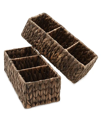 Casafield Set of 2 Water Hyacinth Storage Baskets with 3 Sections, Espresso - Woven Bin Organizers for Bathroom, Laundry, Pantry, Office, Shelves