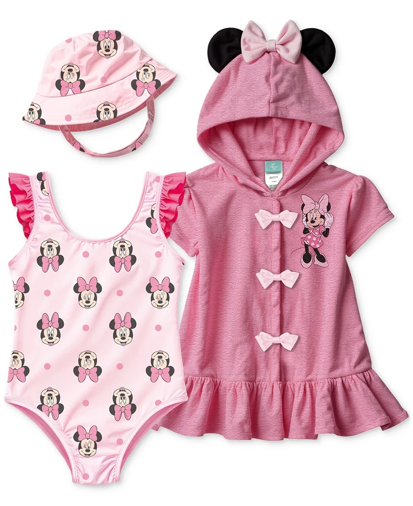 Disney Baby Girls Minnie Mouse Swimsuit, Hat & Hooded Cover-Up, 3 Piece Set