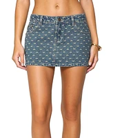 Edikted Womens Embroidered Bow Denim Mini Skirt