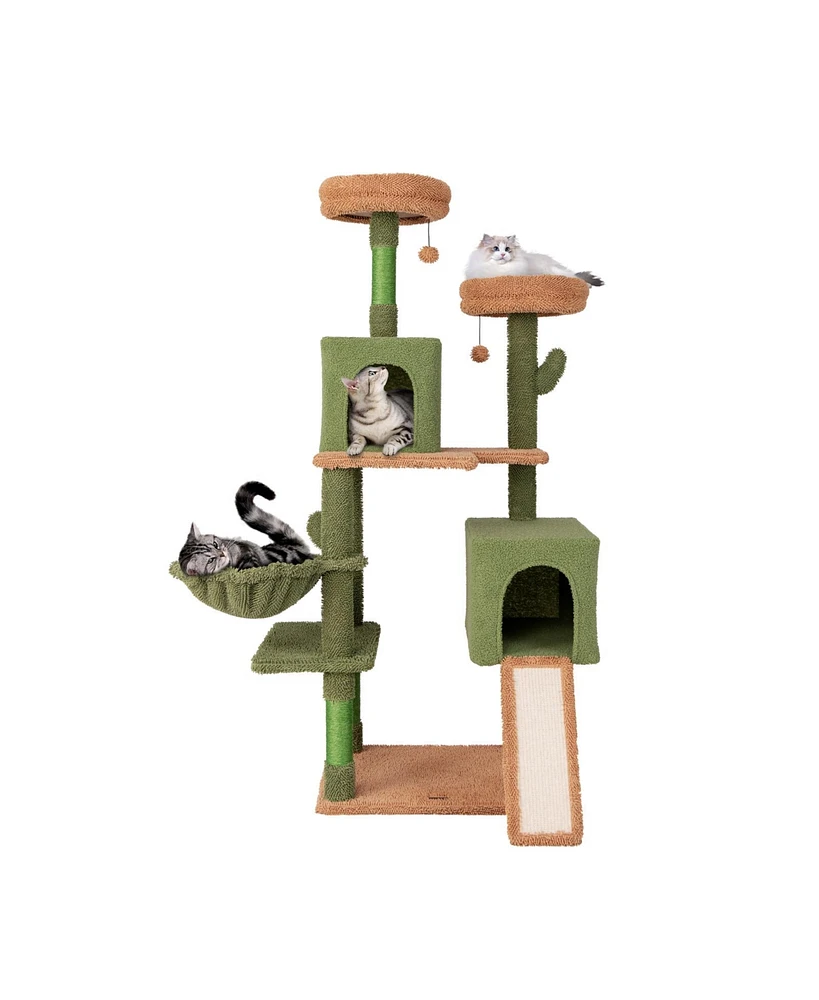 Multi-Level Cactus Cat Tree with Scratching Posts, Ladder, Double Condos & Toy Bed Fun & Cozy Cat Playhouse