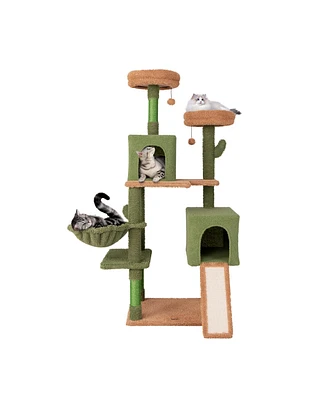 Multi-Level Cactus Cat Tree with Scratching Posts, Ladder, Double Condos & Toy Bed Fun & Cozy Cat Playhouse